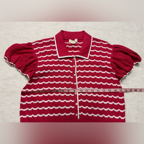 Maeve Red and White Puff Sleeve Cardigan - Picture 5 of 7